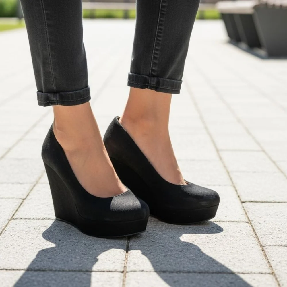 Soda womens Suede black wedges. Size 6.5